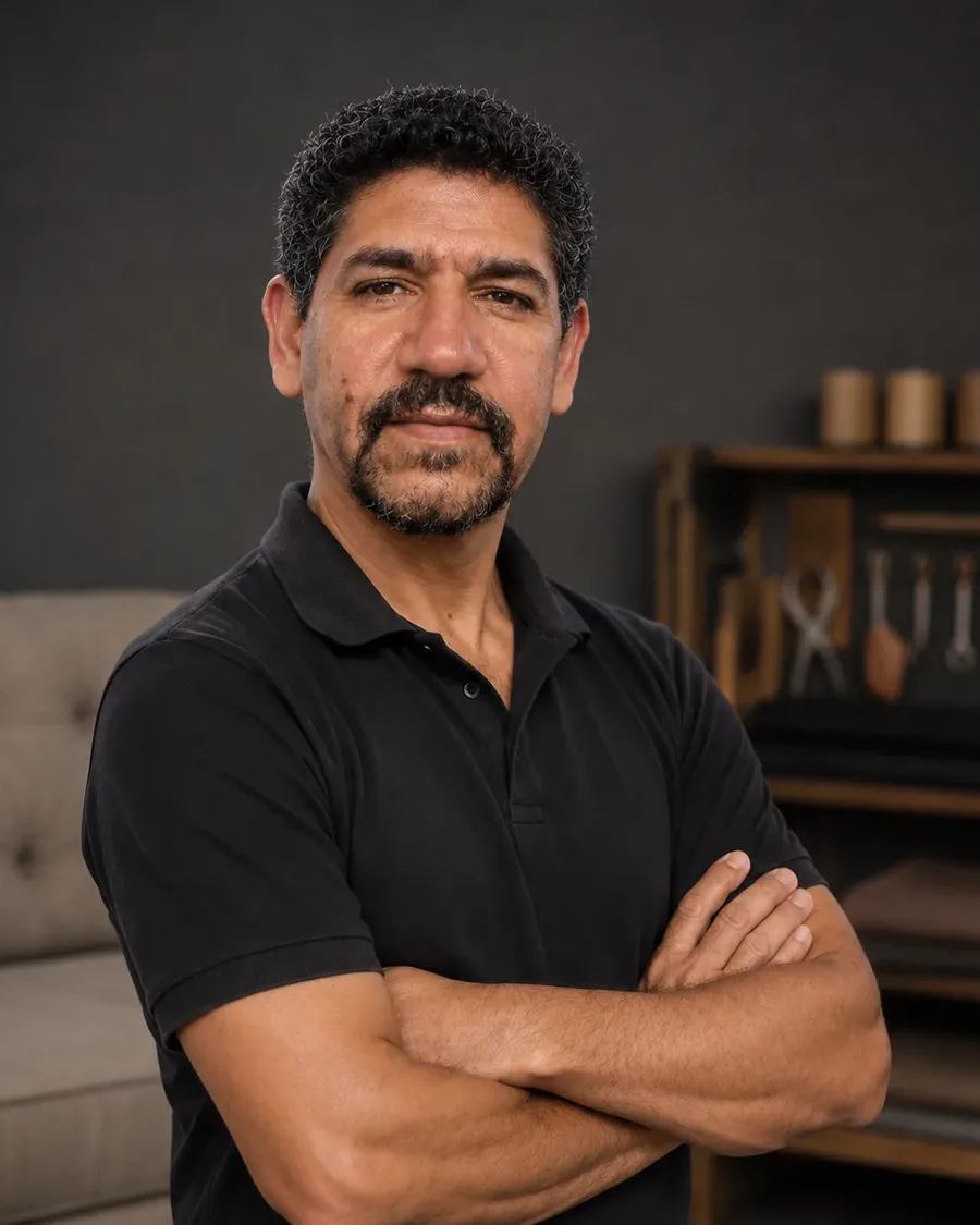 Retrato de Roberto Nunes, modelista e tapeceiro da Nunes Decor, na oficina