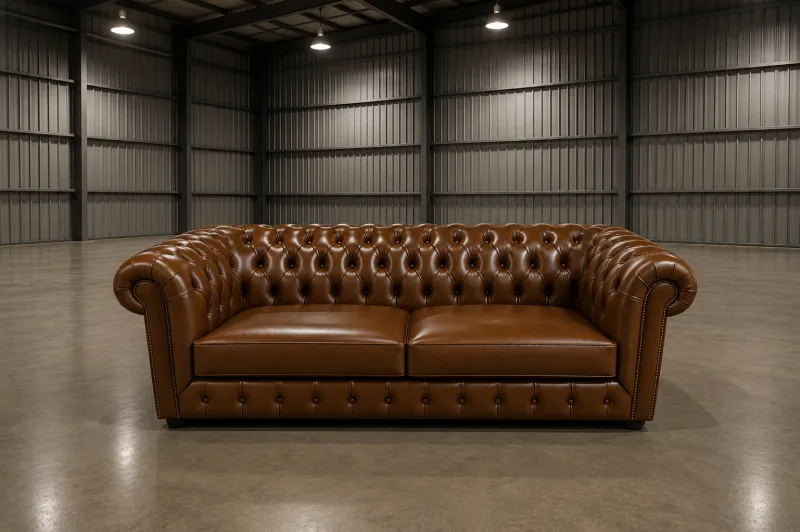 Sofá Chesterfield em couro caramelo com capitonê e tachas, feito sob medida pela Nunes Decor