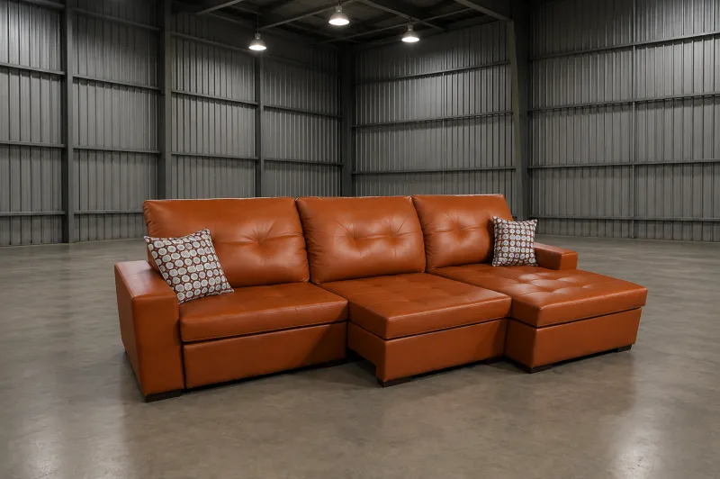 Sofá de canto em couro caramelo com chaise e almofadas estampadas, produzido sob medida pela Nunes Decor
